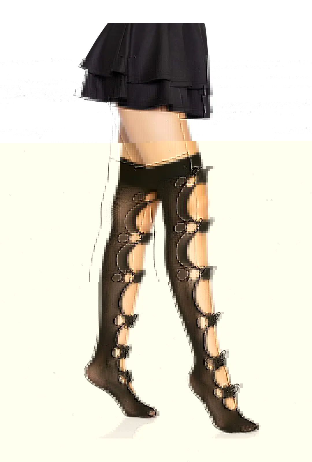 Black Opaque Cut-Out Butterfly Applique Thigh Highs